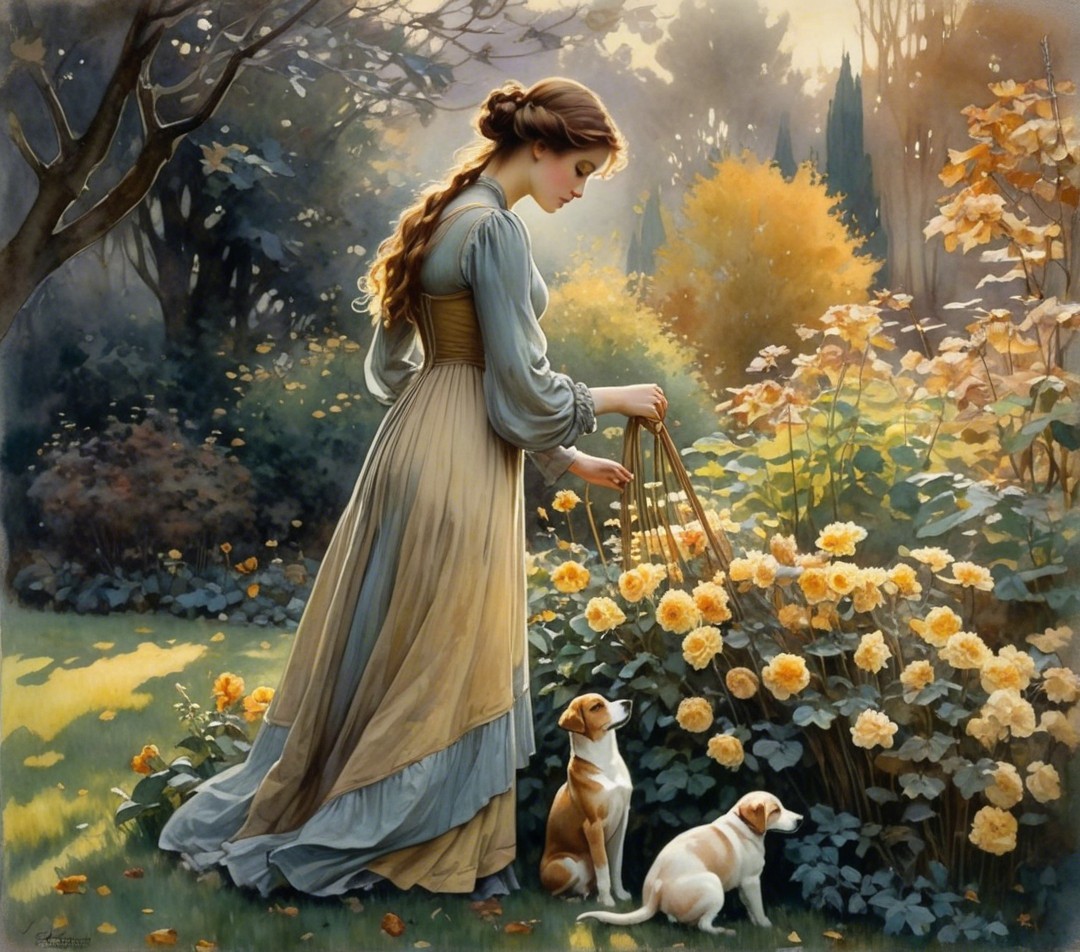 Young Woman in Vintage Dress Tending Vibrant Garden