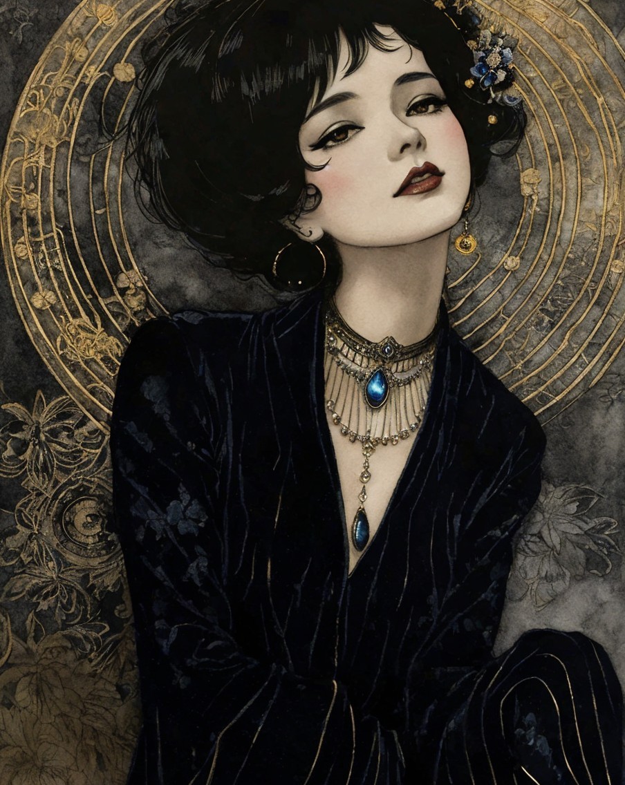 Chic Woman in Velvet with Jewelry and Floral Background