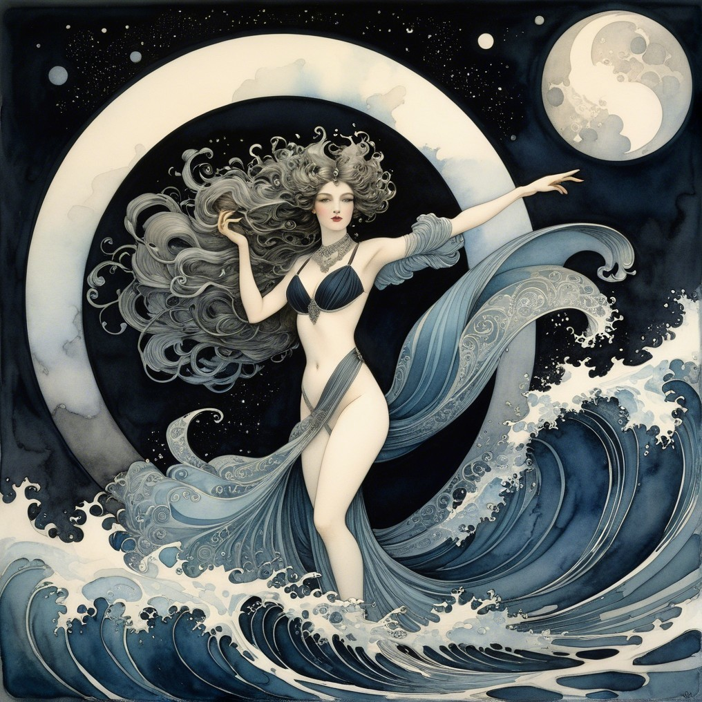 Mystical Figure in Ocean Waves Under Starry Sky