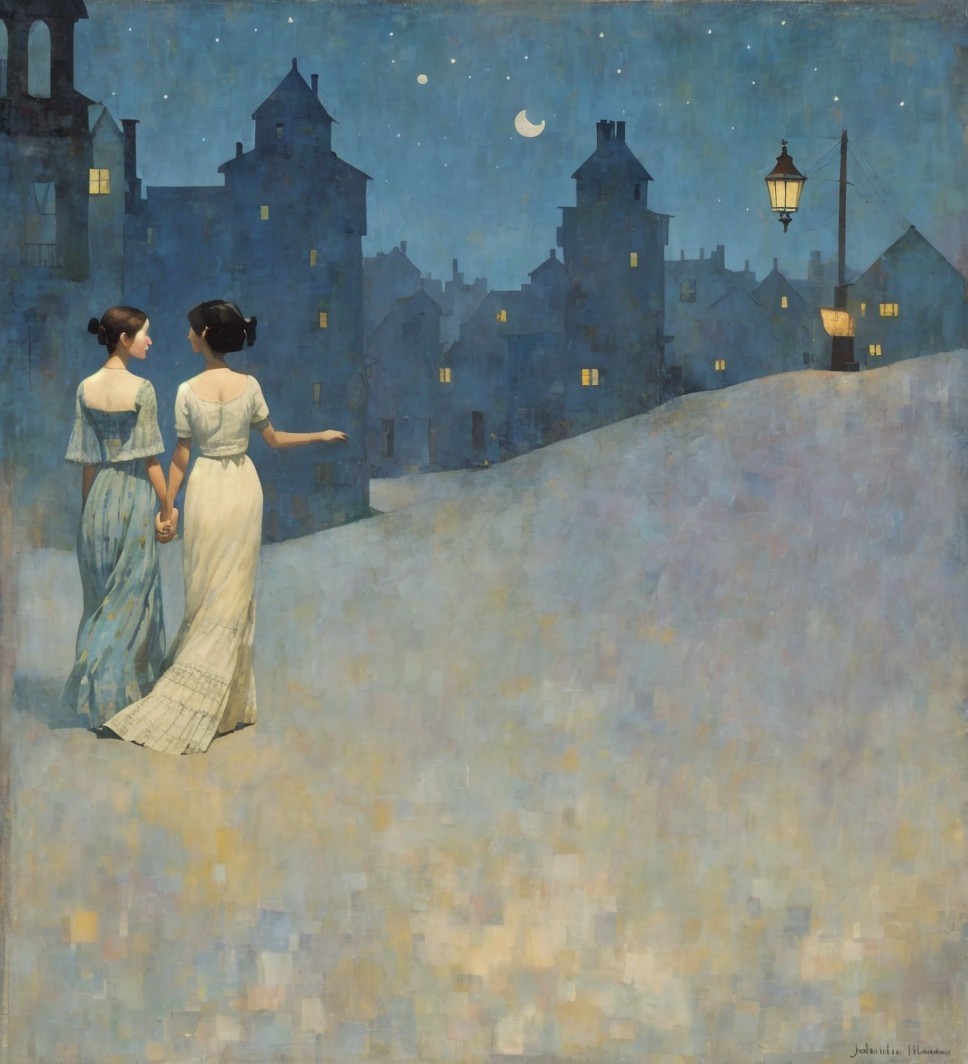 Elegant figures in winter attire on a snowy street