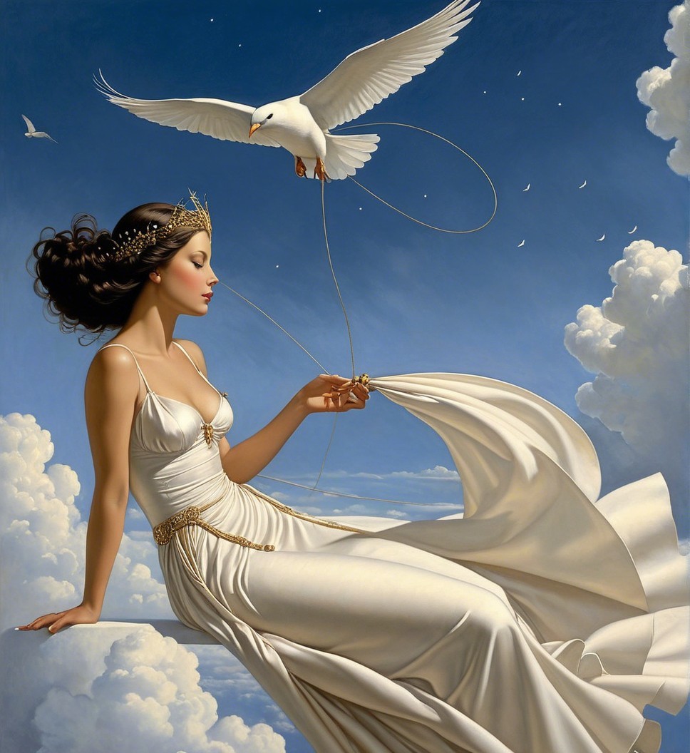 Serene Woman in White Gown with Dove and Clouds