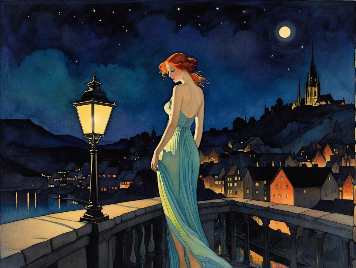 Serene Evening Scene with Woman on Balcony