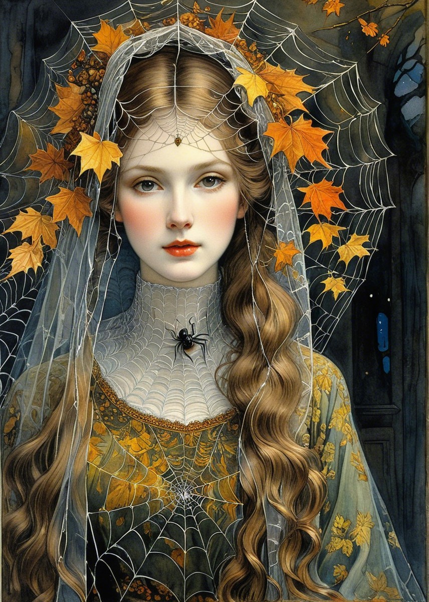 Woman with Autumn Leaves and Cobwebs in Dark Setting