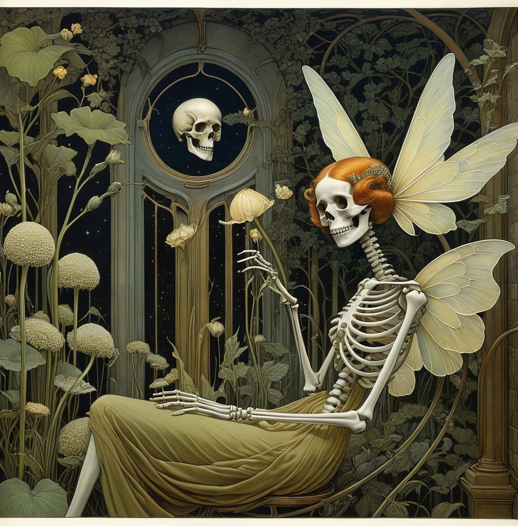 Skeleton with Wings Among Flowers Under Starry Sky