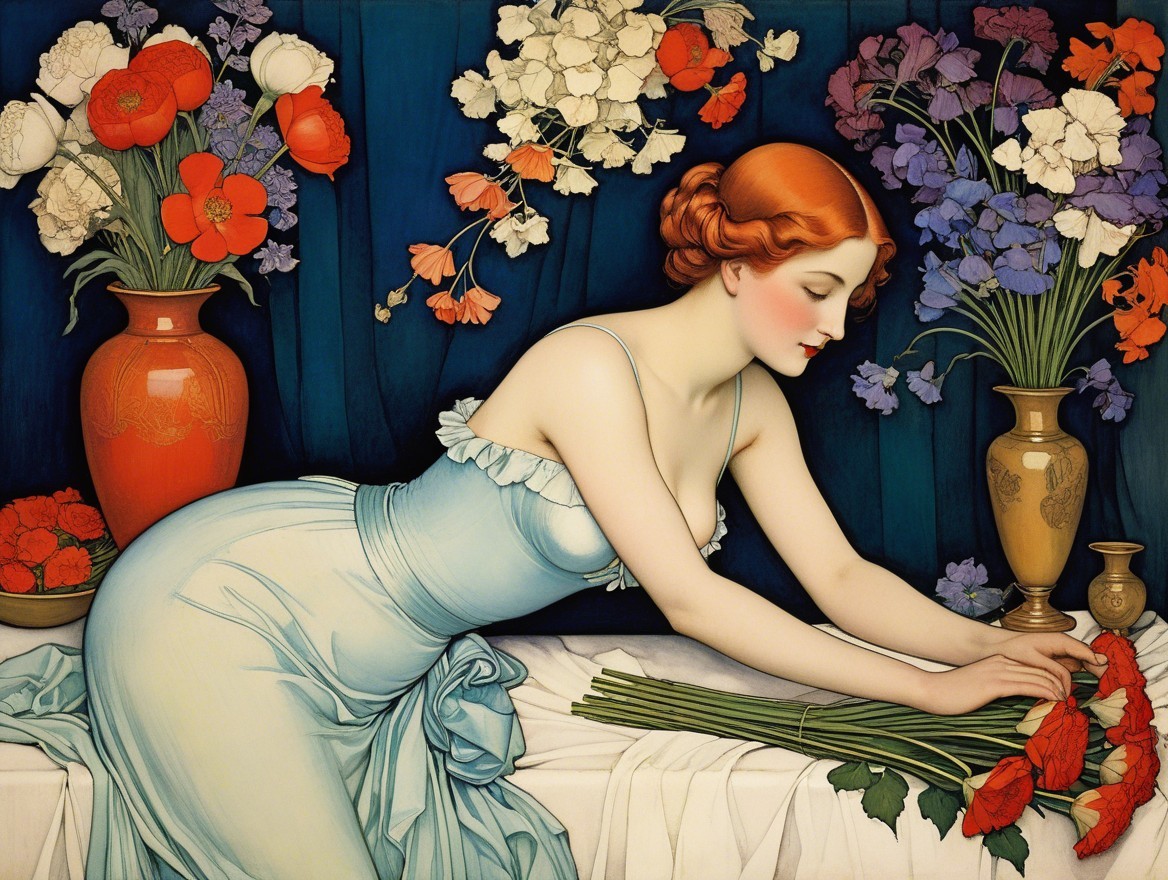 Woman in blue gown arranging vibrant flowers on table