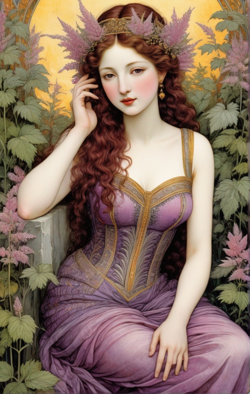 Painting of a woman in a purple gown among greenery