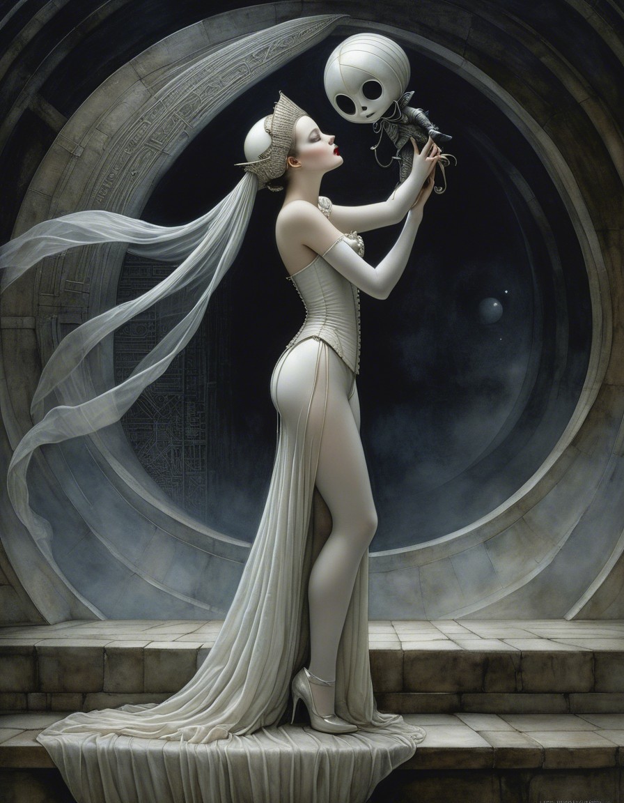 Surreal Scene of Figure with Moon-Faced Puppet