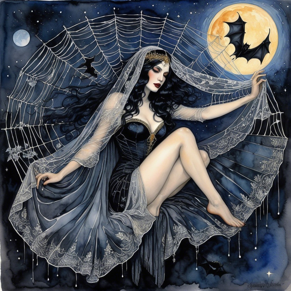 Mystical Figure in Black Gown Under Starry Night