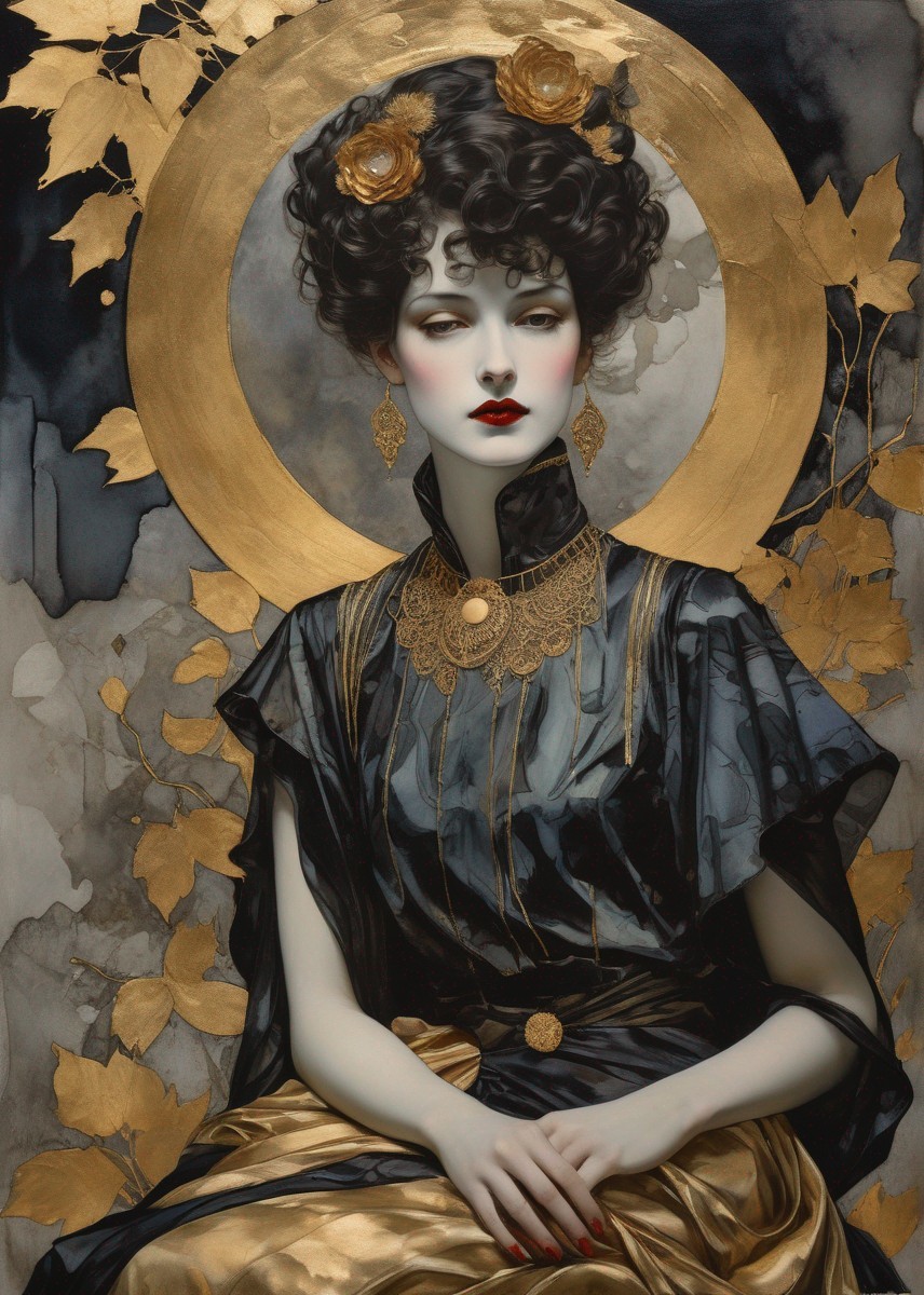 Portrait of a woman with pale skin and gold accents