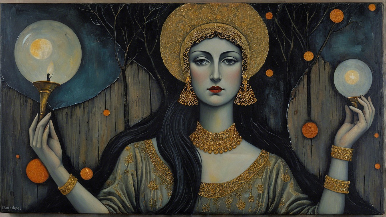 Woman with Dark Hair and Glowing Orbs in Artwork