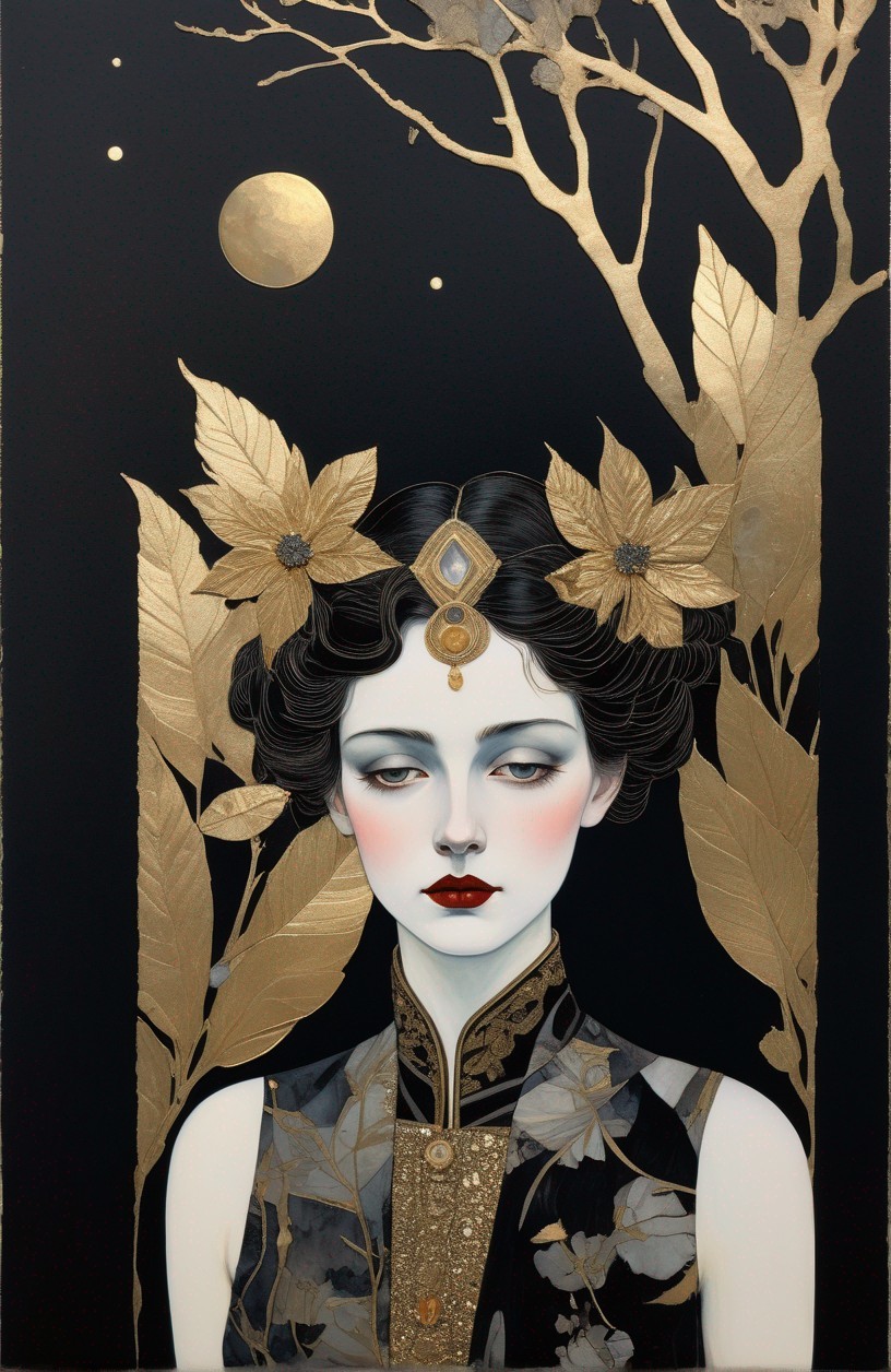Pale Woman with Black Hair and Gold Leaves Illustration