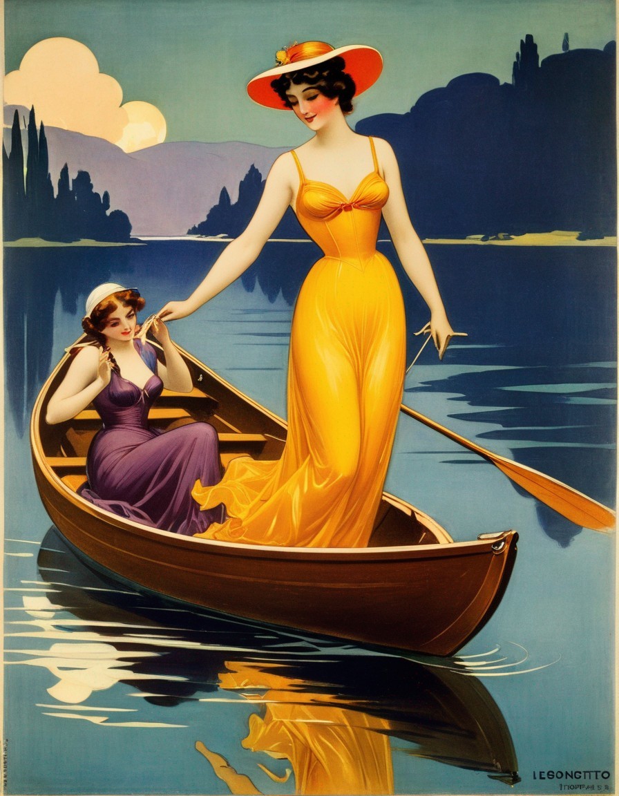 Elegant Women in Vintage Style on Calm Lake