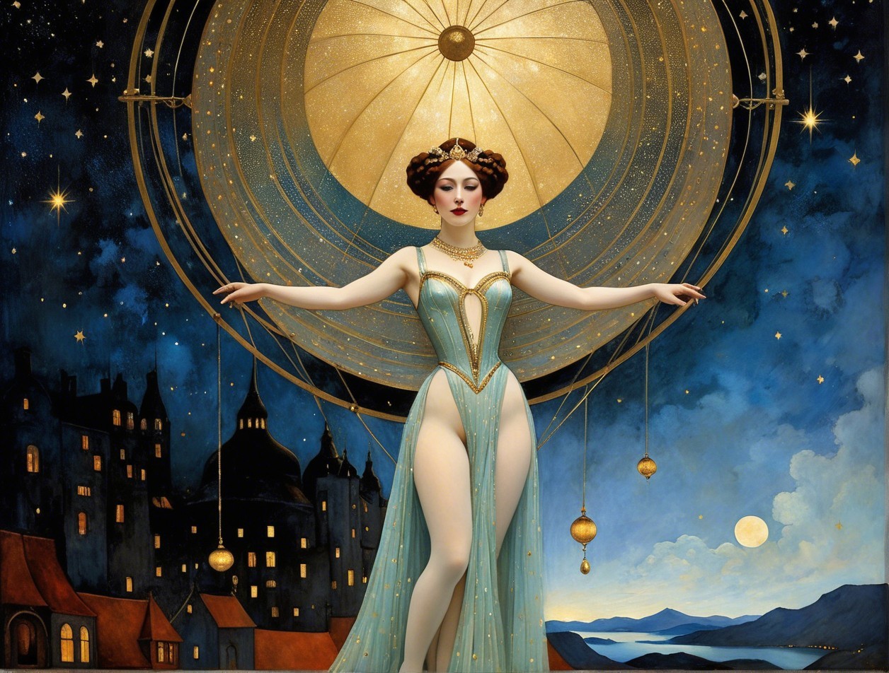 Renaissance-Art Deco Oil Painting of Elegant Woman