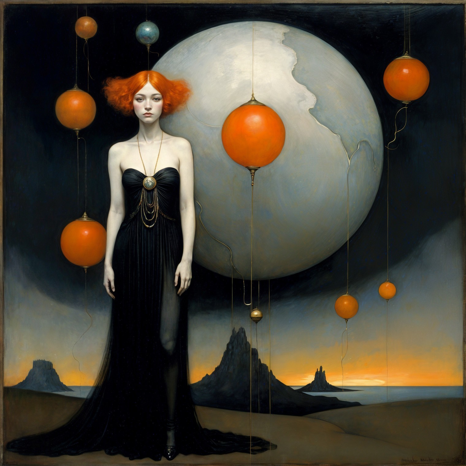 Surreal Artwork of Woman with Orange Hair and Moon