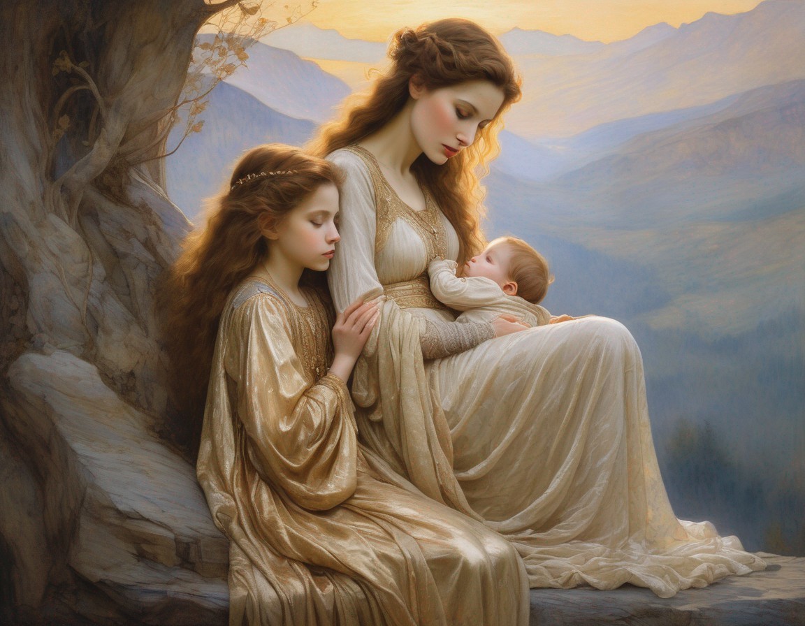 Mother and Daughters in a Serene Natural Setting
