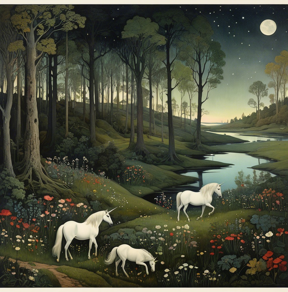Moonlit Landscape with Unicorns and Vibrant Flora