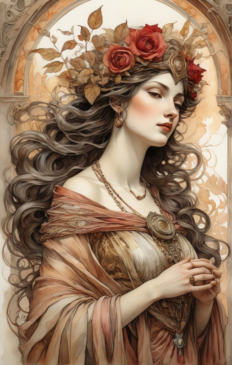 Woman with flowing hair and rose crown in elegant attire against arch background