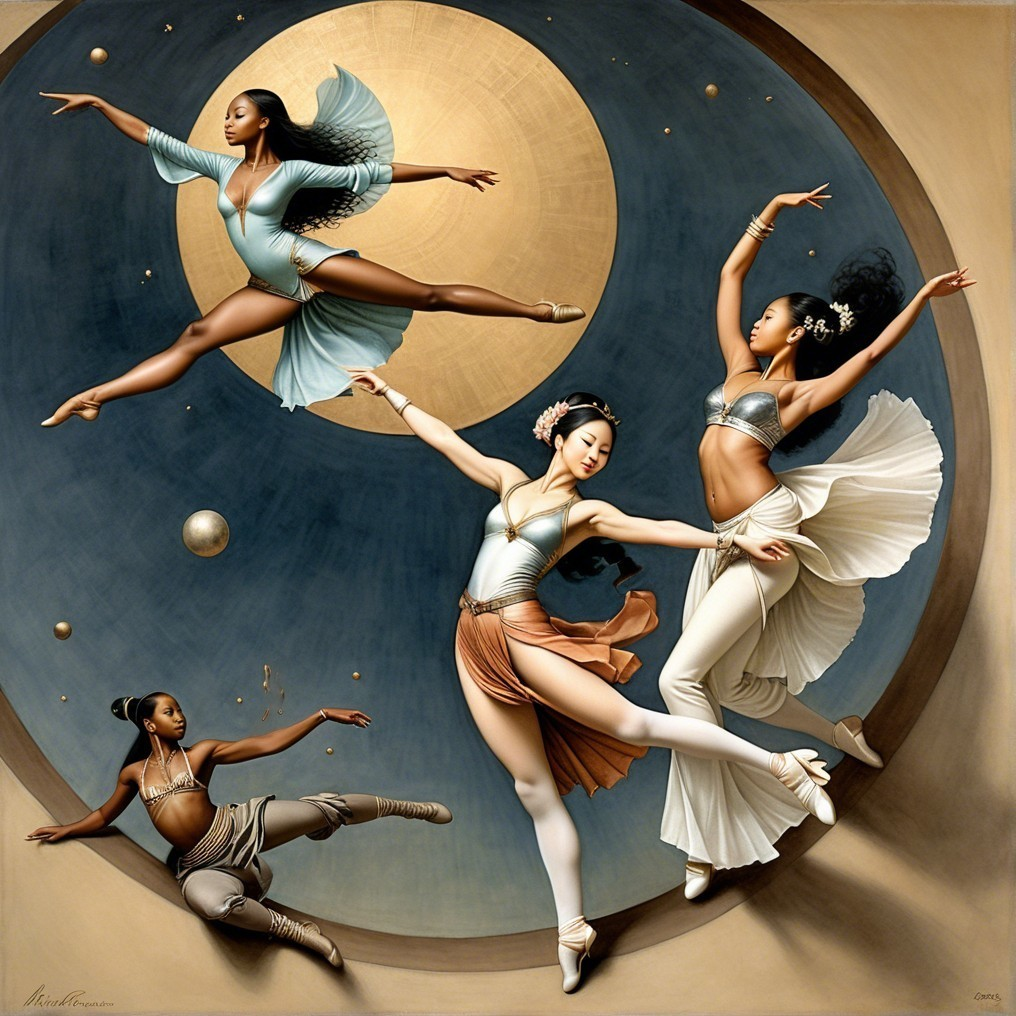 Artwork of Four Dancers in Dynamic Poses with Colors