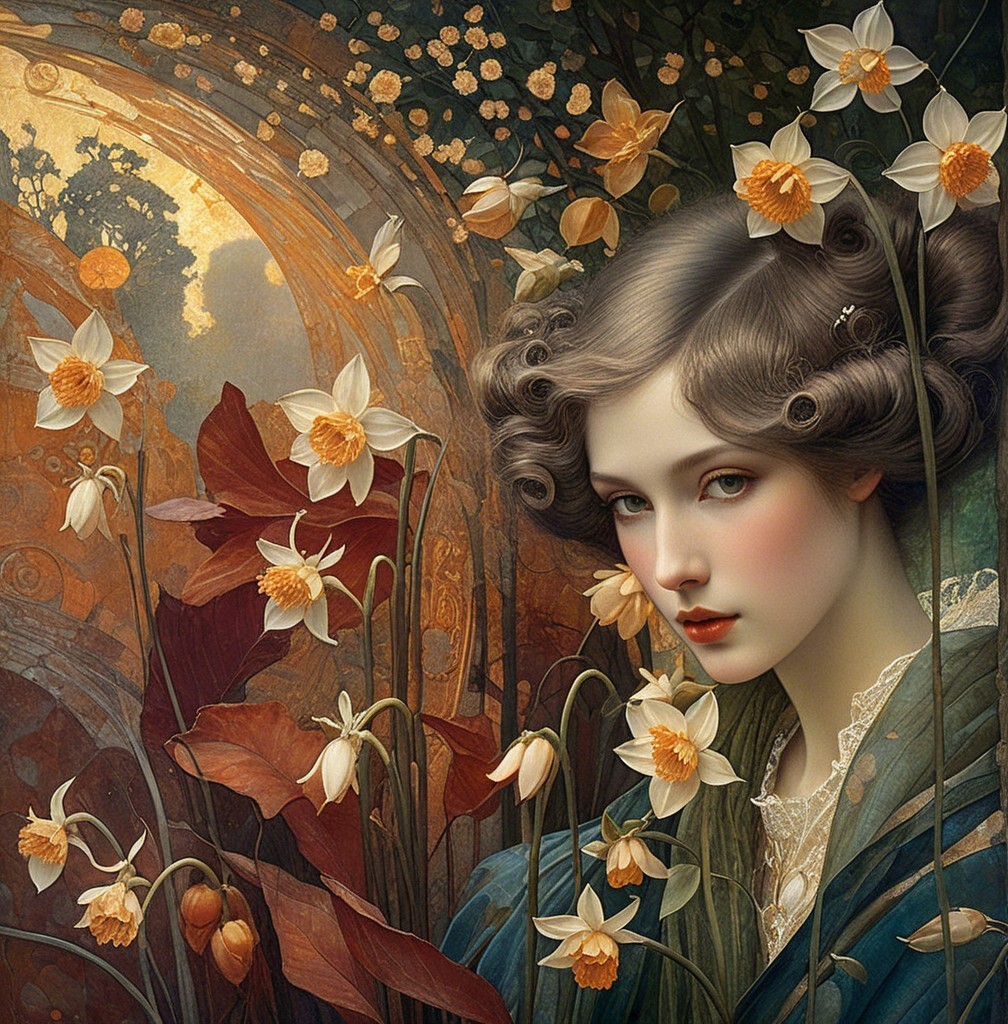 Serene Young Woman Surrounded by Daffodils and Patterns