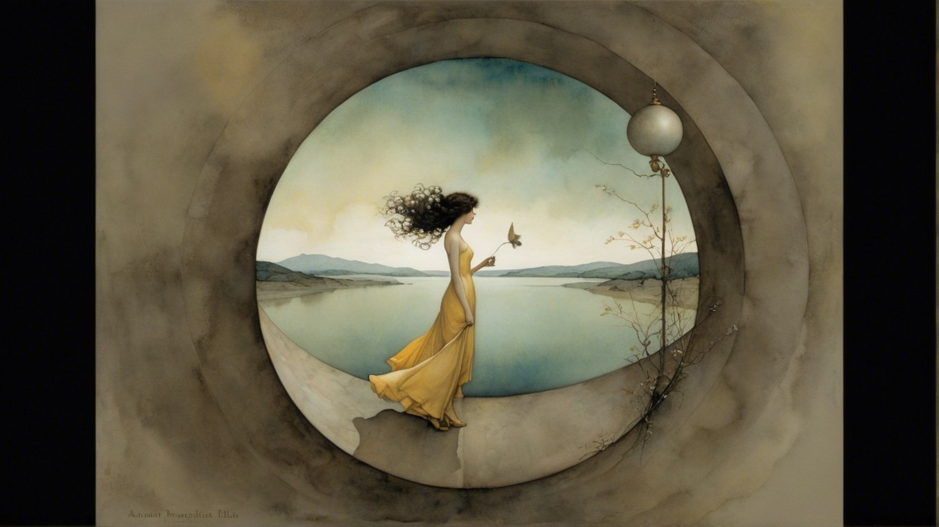 Woman in Yellow Dress by Tranquil Water Body