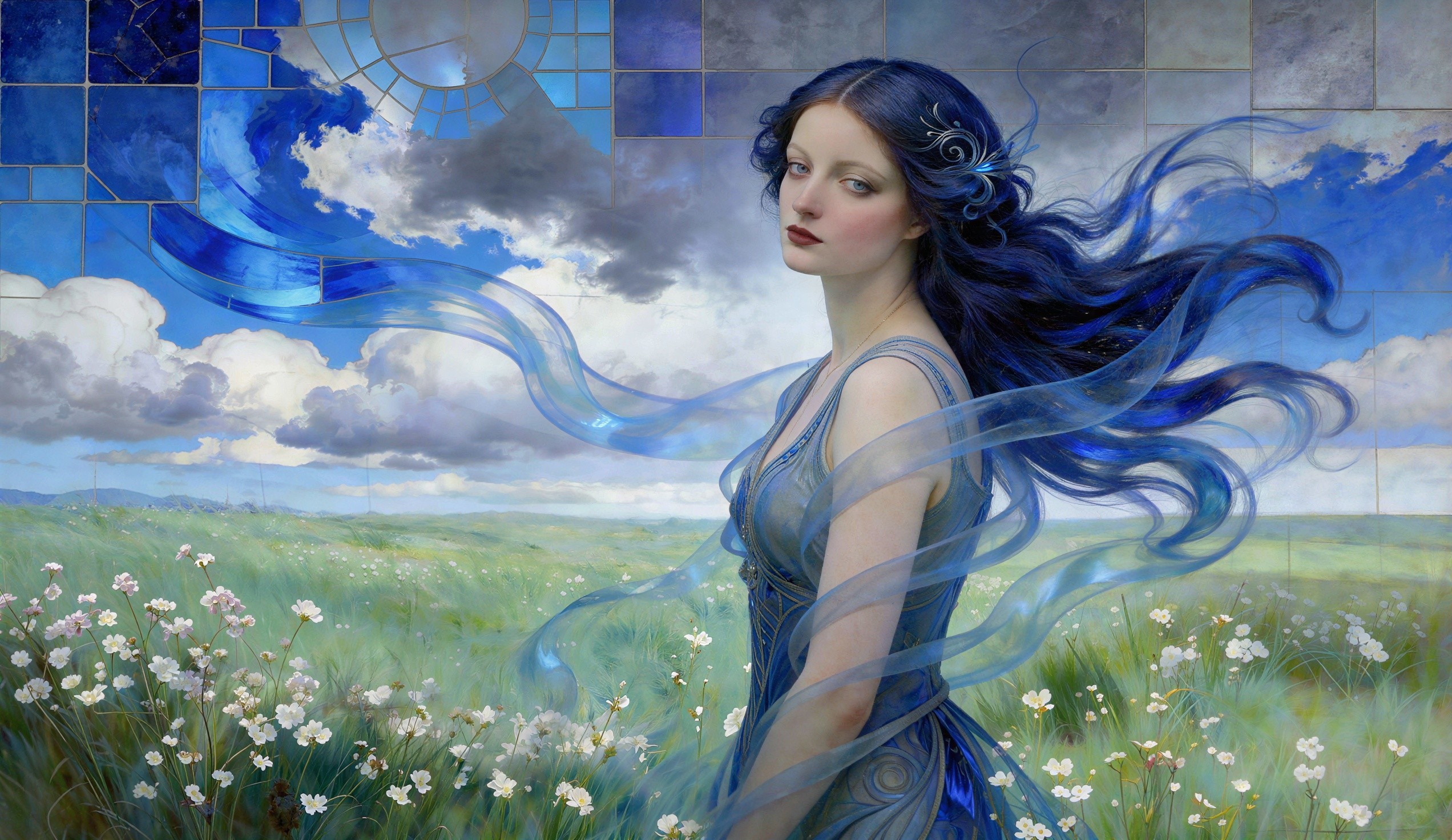 Pale Woman with Blue Hair in Flowering Green Field