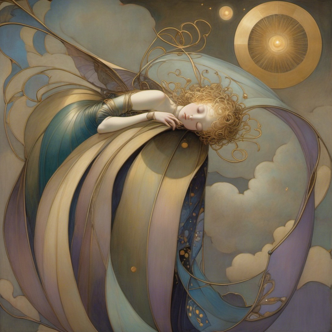 Serene Figure with Colorful Fabrics and Elegant Wings