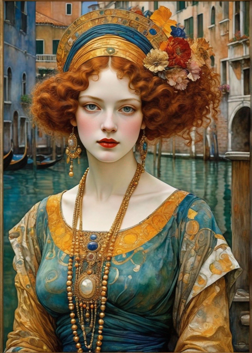 Elaborate Renaissance attire portrait against Venetian canal backdrop