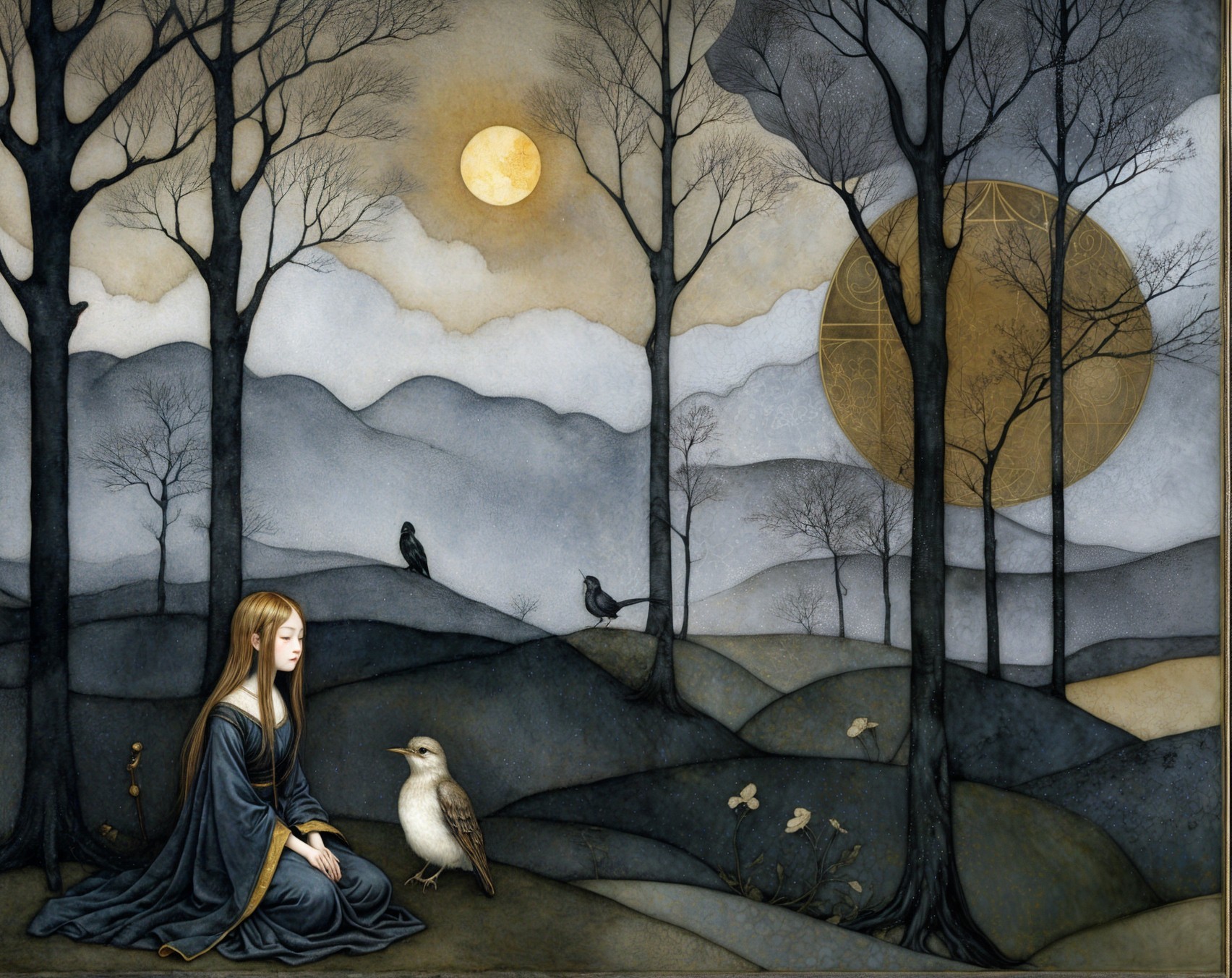 Twilight Landscape with Girl and Bird Under Moonlight