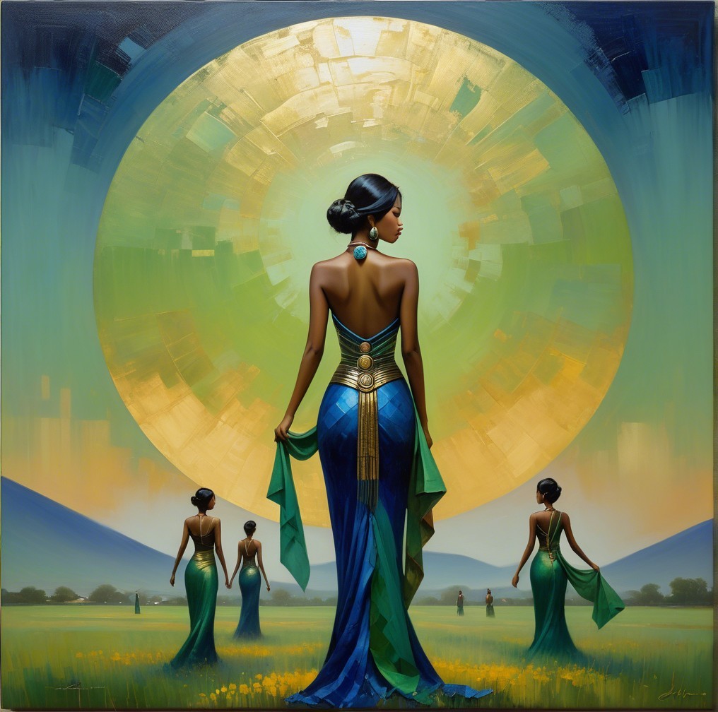 Art Nouveau Painting of African Woman in Pastoral Field