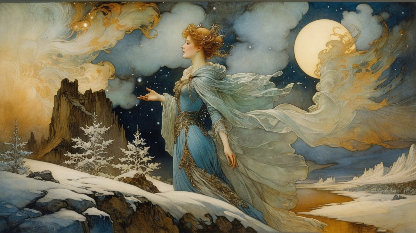 Fantasy painting of a sorceress on a snowy cliff
