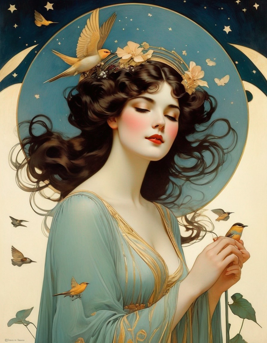 Serene Woman in Blue Gown Surrounded by Nature