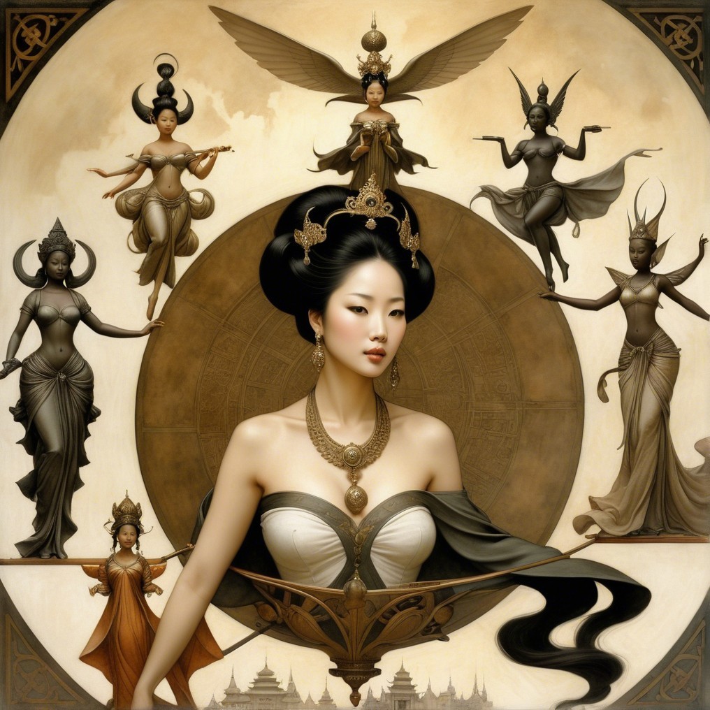 Woman in Traditional Attire Surrounded by Divine Figures