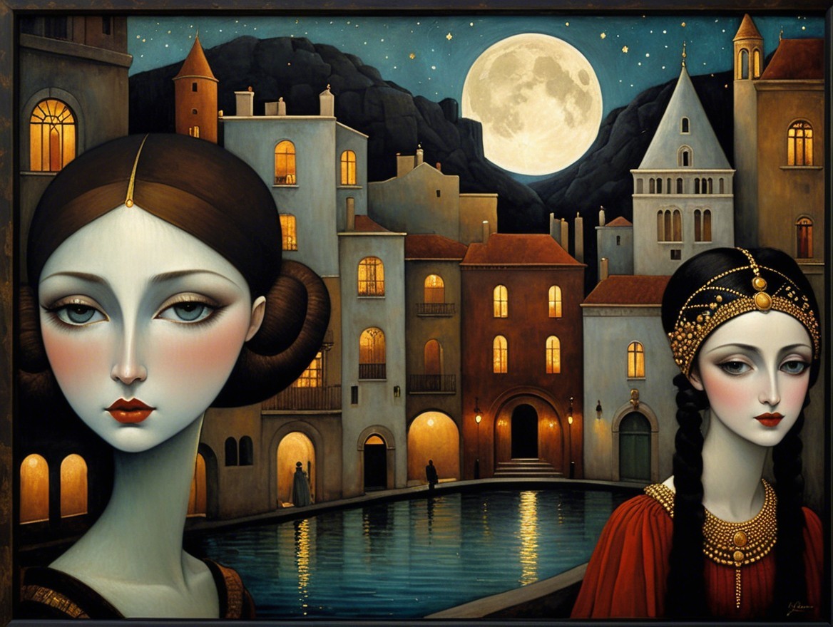 Elegant Women in Nightscape with Luminous Moon