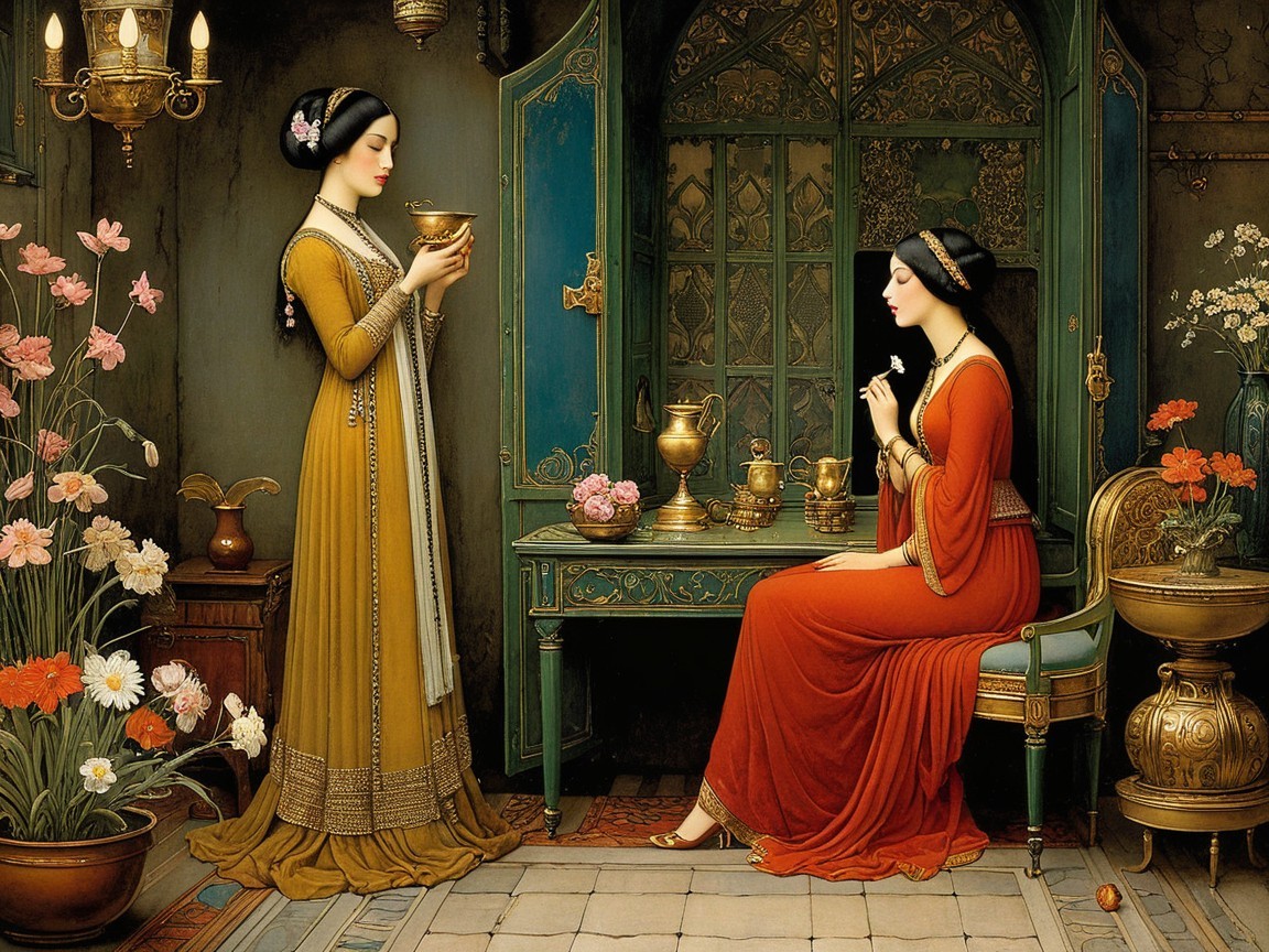 Elegant Room with Two Women in Floral Motifs