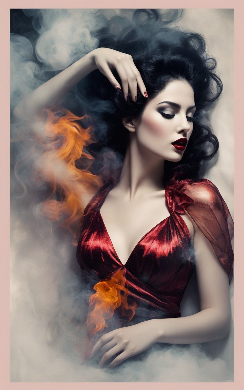 Woman in red dress surrounded by smoky and fiery effects