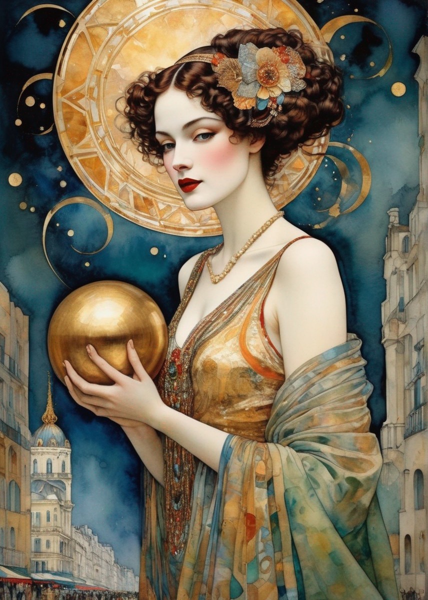 Curly-haired woman holding golden sphere with celestial gears backdrop