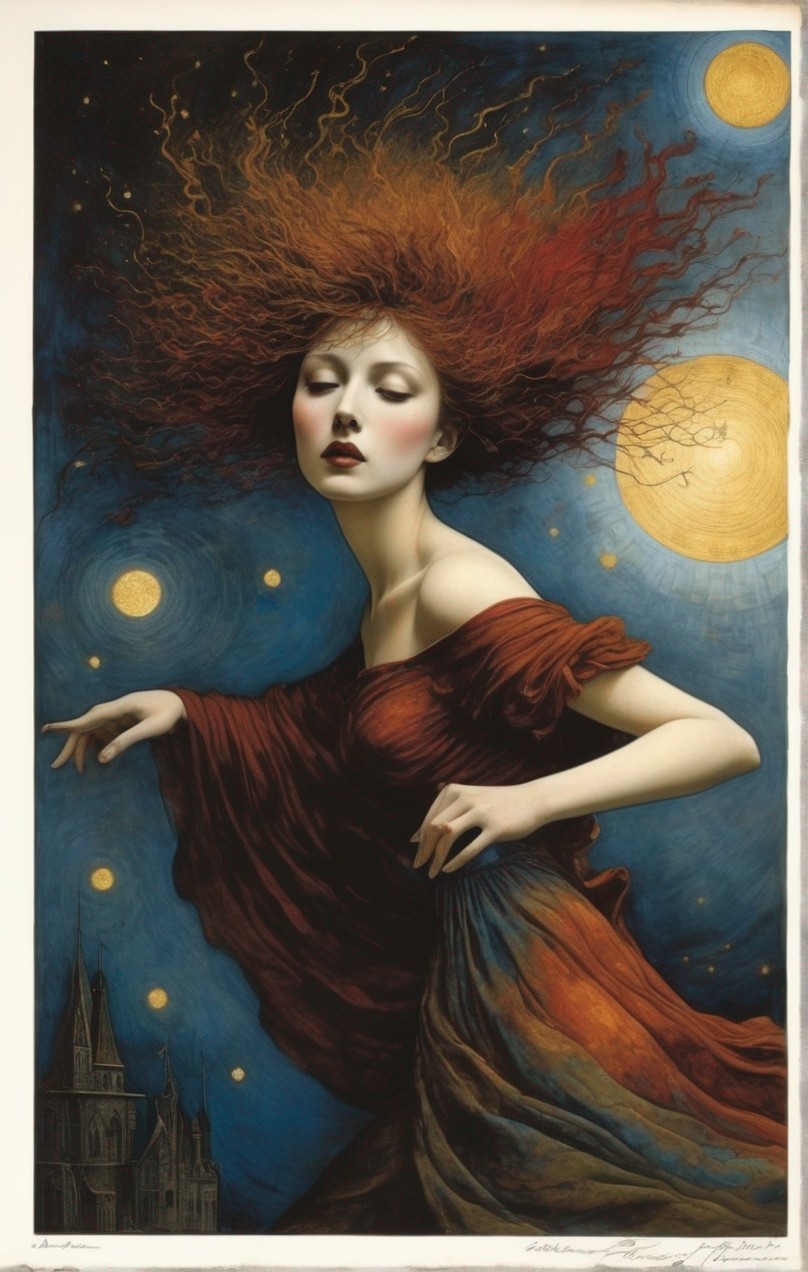 Red-haired woman in red dress surrounded by celestial orbs in nocturnal scene with cathedral silhouette