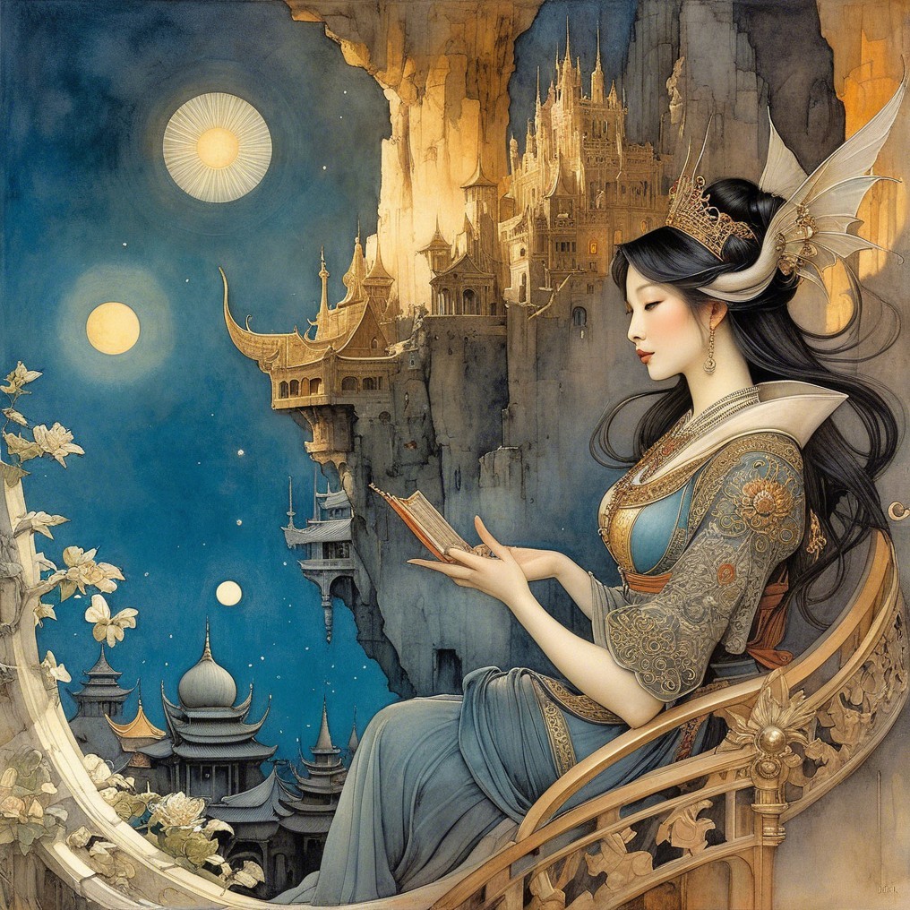 Serene Figure Reading on Ornate Balcony at Twilight