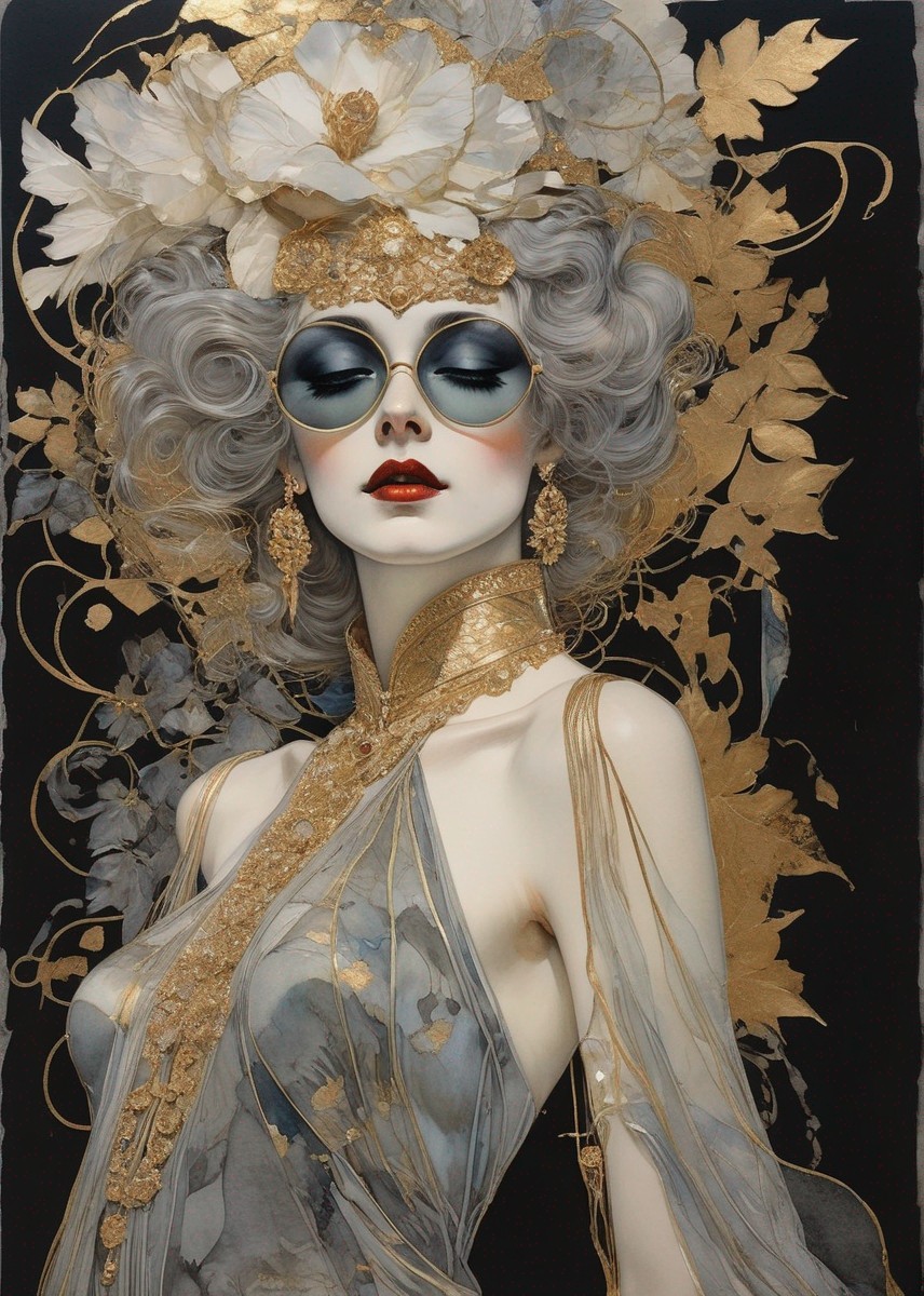 Stylized portrait with gold-leaf headpiece and costume
