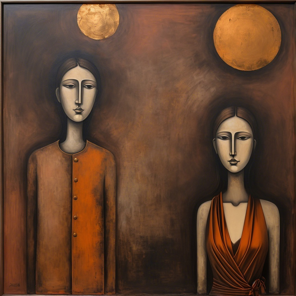Stylized Figures with Golden Suns in Earthy Background