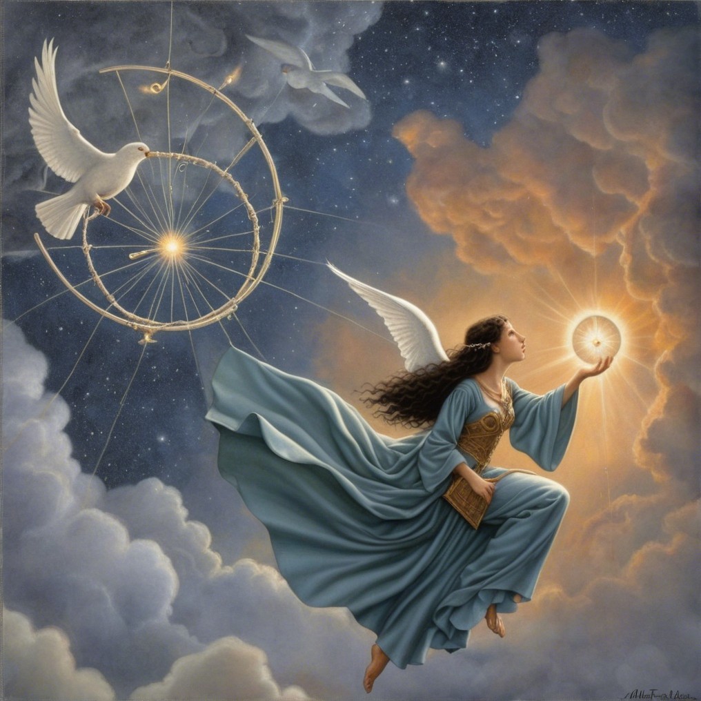 Serene angel in blue gown among clouds and doves