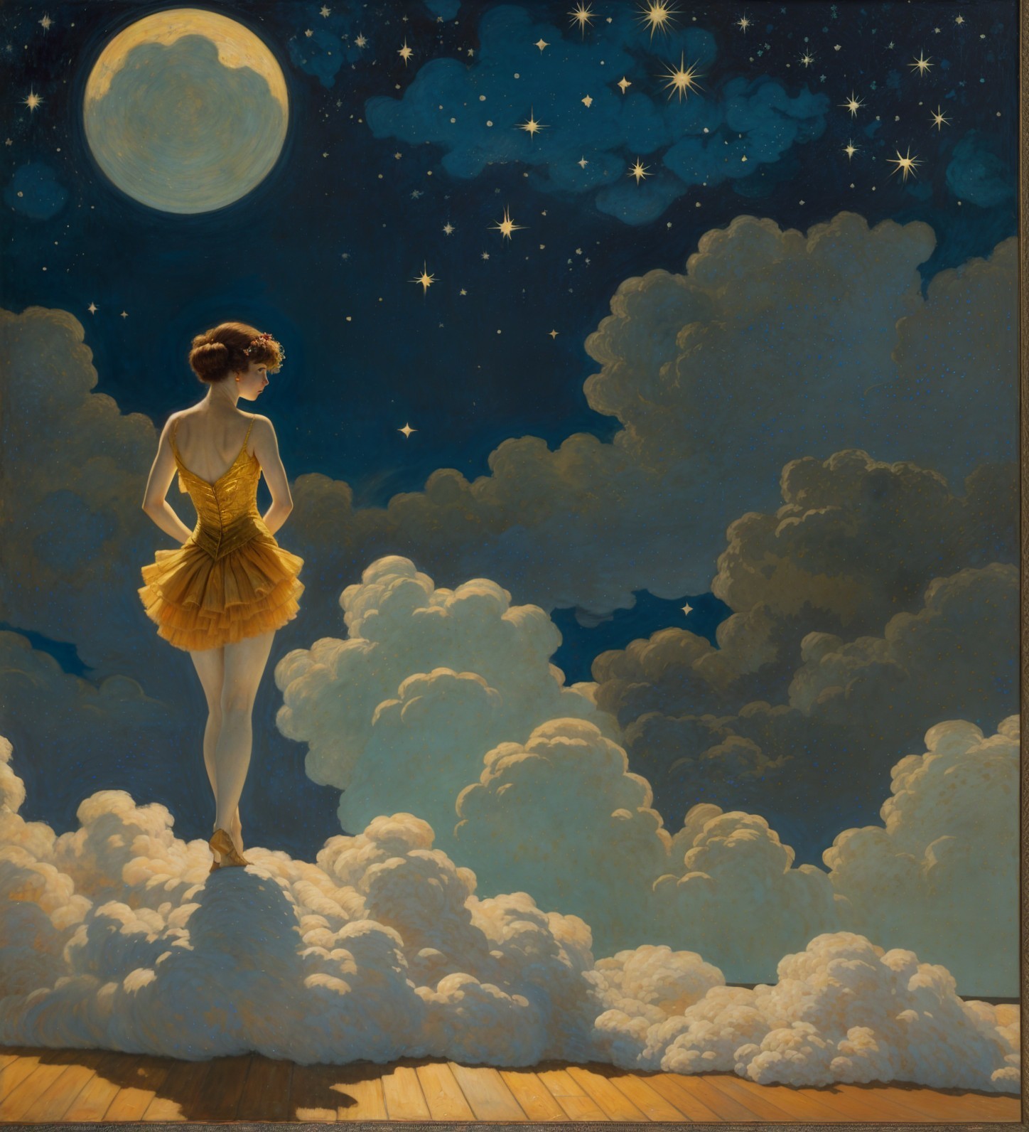 Ballet Dancer on Cloud Under Full Moon and Stars