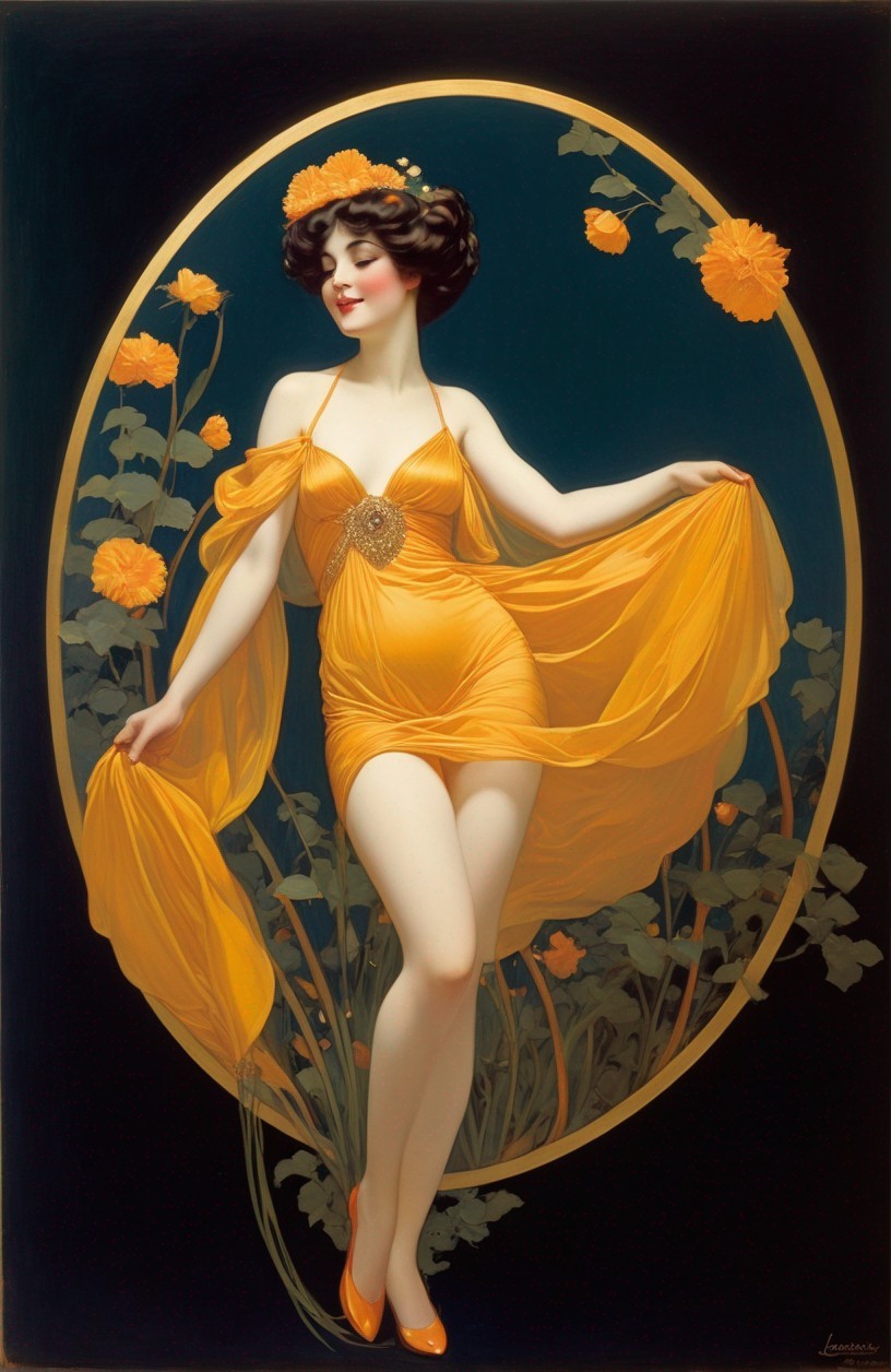 Art Nouveau Illustration of Woman in Yellow Dress
