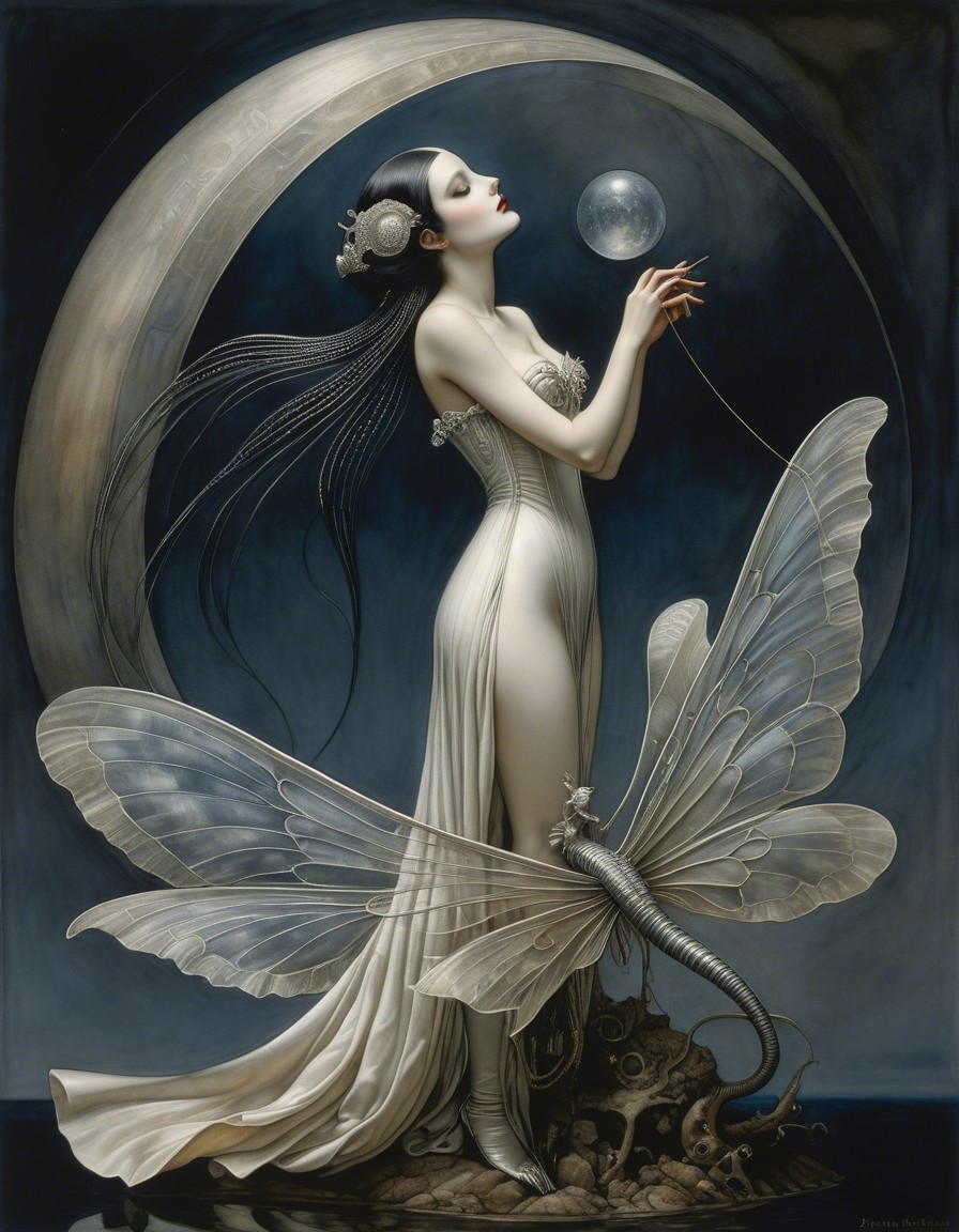 Ethereal figure in white gown with butterflies and moon
