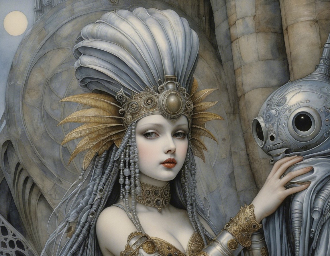 Intricate Figure in Ornate Attire with Gothic Backdrop