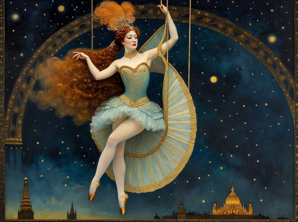 Woman in Blue Ballet Costume on Crescent Moon Painting