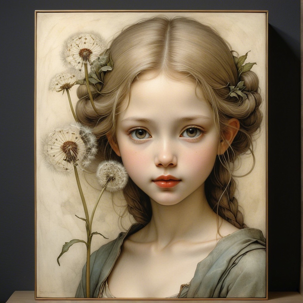 Portrait of a young girl with blonde braids and dandelions