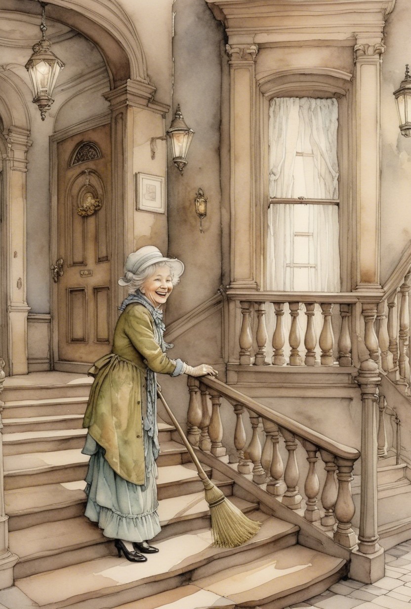 Elderly Woman Sweeping a Charming Well-Lit Entryway