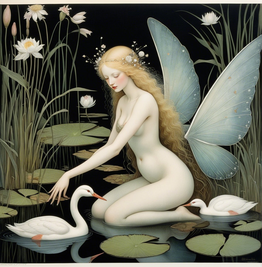 Nude fairy with wings in dark water surrounded by nature