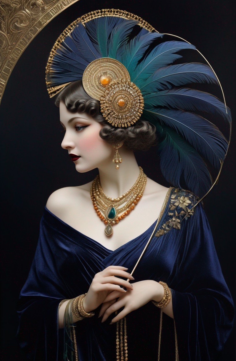 Elegant Woman in Gold Headdress and Blue Velvet Dress